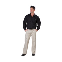 Its design features include side, back, and cargo pockets with topstitch detail, back pockets with button down flap, self-fabric belt loops, back darts. Regular fit, 245gsm, 65/35 polycotton, sanded twill