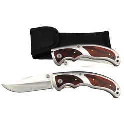 Brilliant stainless steel folding knife with wooden handle inlay and belt clip in pouch