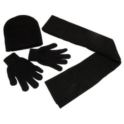 Black knitted hat with gloves and scarf set