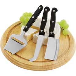Wooden cheese board with 3 knives
