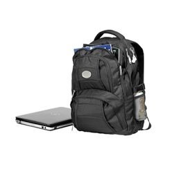 1680D, padded back panel, media port, elasticated side pockets, fancy metal zip pullers