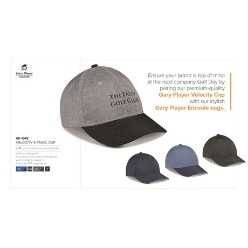 chambray polyester, This Gary Player Velocity 6 Panel Cap is offered in 4 sober and professional-looking colours to give it a very stylish yet minimalistic appearance. The chambray polyester material can handle various levels of use, from gentle to rough. It is a great promotional gift idea because you can brand your logo and company name on the front of the cap. A excellent item for sportspersons in particular.