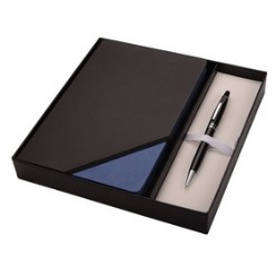 Thermo PU, 80 Lined Pages, Elastic Closure, Perforated Corners Pen Loop, Trinity Ball pen, Presentation Box, Notebook and pen set - Brand pen, There are 7 Available Colours.