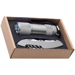 Gift set with a 9LED aluminium torch and a pocket knife. packed in a gift box