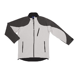 Soft Shell 100% polyester high collar zip-up jacket, contrast shoulder and sleeve panels, zip up front pockets