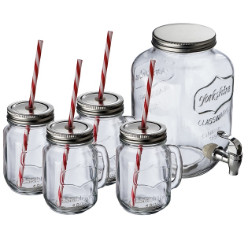 Glass set: 4Lt glass dispenser with 4 jugs (450ml) and 4 straws