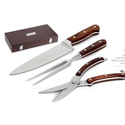Pakka wood & forged stainless steel, knife, fork, scissors, MDF presentation box, includes stainless steel branding plaque