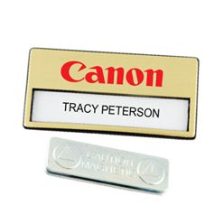 Gold name badge made from plastic with magnetic back or pin, place to slide in name