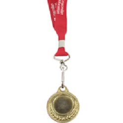 Gold medal with screen printed ribbon includes dome on medal and one colour branding on the ribbon, medal is made of metal