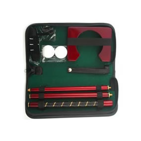 Golf putting set with self-assemble putter, wooden hole, 2 x golf balls in a zip around black PU carry bag