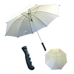 Wind proof golf umbrella comes with a shiny silver colored coated frame and a plastic grip handle, bound by a tiny strap when not in use, proofs you totally from the sun, comes in different plane colors, it is about 122cm in diameter, it is fashionable, and can be printed upon, always carry along, fold when not in use, durable if used properly. You can find many of the users in a golf game.