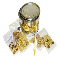 Gone nutty hamper includes 1 x 50g dry fruit and 4 x 50g assorted nuts packed in a medium tin