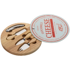 With a glass cutting board integrated into the set. Includes 2 cheese knives. 1 fork and a waiters friend