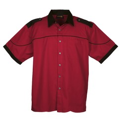 Grand prix shirt: classic stylish with unique back neck yoke and sleeve branding options. Features include metal buttons, front patch pockets and double needle top-stitching. 65/35 poly cotton twill fabric, contrast piping, cuffs and epaulettes, raised collar