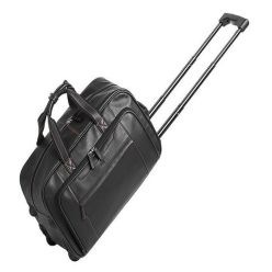 Rolling Duffel Bag made from fine black leather, features striking saddle stitching, loads of useful compartments, sturdy telescopic handle, rolling blade wheels, soft carry handles, front pocket for passports and travel items, fully lined with inner zip compartment, lockable zip sliders