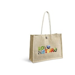 Large stylish environmentally friendly tote, Natural . Long cotton cording handles gives it more style, Main compartment has button closure, Laminated Jute.