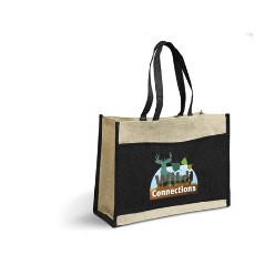 Large stylish environmentally friendly tote, Natural with black side and trims. Long black double handles, Laminated Jute.