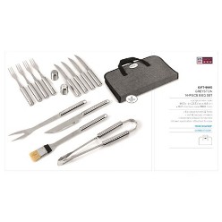 Elegant 4 person set that makes a great outdoor gift in a stylish grey. 18/0 stainless steel BBQ tools / 4 x steak knives & forks / salt & pepper shakers / recessed plaque for domed sticker application attached to case. Polycanvas zippered case Look out for the 2 person set - GIFT-9940. Sold separately.