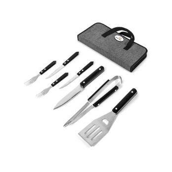 Elegant 2 person set that makes a great outdoor gift in a stylish grey. Features 18/0 stainless steel & black wood BBQ tools / 2 x steak knives & forks . Recessed plaque for domed sticker application attached to case. Polycanvas zippered case 37.5 ( l ) x 18.6 ( w ) x 4.5 ( h ). .Look out for the 4 person set - GIFT-9945. Sold separately.