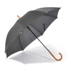 8 panel, 190T material hook umbrella. Automatic opening metal frame with wooden hook handle.