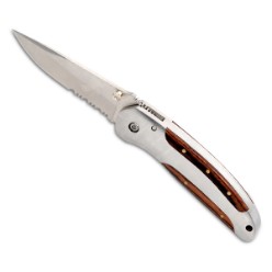 Stainless steel and wood folding knife with belt clip and pouch. Stainless steel