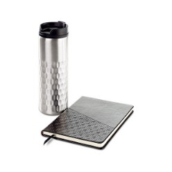 Thermo mug and A5 journal with matching honeycomb pattern design. Packaged in a black gift box, Mug features a 470ml capacity and a stainless steel outer with PP inner. Thread-sewn journal has 160 cream-coloured lined pages.