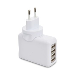 4 USB ports ABS Input: AC 100-240V Output: DC 5V/2.1A Includes UK, US, AUS and EU adaptors Charges mobile phones and tablets CE certification