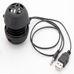 Black Hamburger speaker with on/off switch, extends upwards with folding speakers, PVC wire, 3.5mm audio jack and USB charging cable
