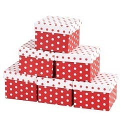 A Gift Box Set with 6 polka dot boxes that is handmade all with a lid and all the same size.