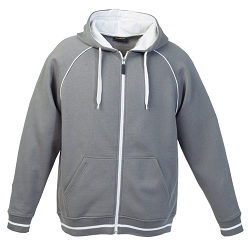 Urban-collegiate look in this heavy-weight hoody, Contrast colour detailing in the Zip, piping and inner hood. Garment features include ribbed cuffs and hem, Kangaroo pockets, chunky draw cord and top-stitching throughout. 300g, 80/20 cotton rich brushed fleece. Raglan styling