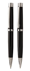 Twist action metal ball pen and pencil set, with black ink, supplied in gift box