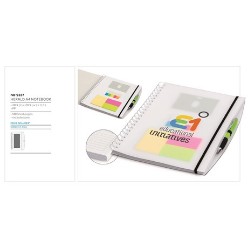 An impressive,ideal and unique item that clients are sure to love. Spiral bound,70 lined pages. Features a frosted hard plastic cover with snap closure,business card holder,assorted sticky flags, sticky notes and pen loop. Excludes pen.