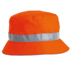 Hi-Vis Floppy Hat: Bucket hat design, 6 Rows of stitching on brim with reflective tape piping. Reflective tape around crown, 100% Hi-Vis polyester fabric. Eyelets for ventilation