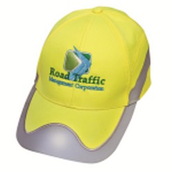 Hi Vis two tone cap, fabric 100% polyester, reflective material on peak and crown, pre-curved peak, reflective velcro strap