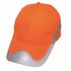 Hi Vis two tone cap, fabric 100% polyester, reflective material on peak and crown, pre-curved peak, reflective velcro strap