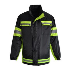 Hi Visibility Spark Jacket, Water resistant oxfort nylon with reflective tape, stand up collar, internal and external pockets, padded for warmth and insulation, high reflective tape for nigh visibility