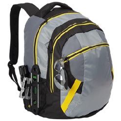 Grey and black 600D and 300D ripstop Backpack with yellow High Visibility accents, large zippered main, middle and front zippered compartments, padded carry handle, padded adjustable shoulder straps and side mesh pockets
