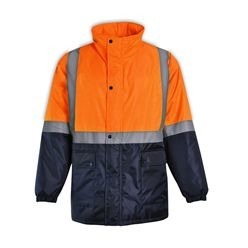 Water resistant Oxford nylon with reflective tape, Padded for warmth and insulation, hand slot behind front pockets, stand up collar