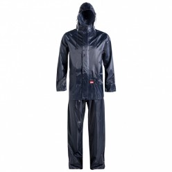 Polyester PVC, Clear side panels in hood / posted seams for extra strength / Heat sealed seams for improved water resistant / Concealed elastic storm cuffs / stowaway hood with draw cord / Draw cord in jacket hem / Ankle poppers for adjustable trouser hem / Elasticised waistband / YKK Zip