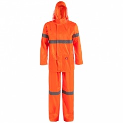 Polyester PVC, 50mm Viz Lite 100 reflective tape / clear side panels in hood / Reinforced seams for extra strength / Heat sealed seams for improved water resistance / Concealed elastic storm cuff / Stowaway hood with draw cord / Draw cord in jacket hem / Ancle poppers on Trouser hem / Elasticised waistband / YKK zip