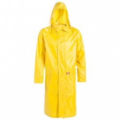 Polyester PVC, Extra length garment with back vent / Clear side panels in hood / Posted seams for extra strength / Heat Sealed seams for improved water resistant / Concealed elastic storm cuffs / stowaway hood with draw cord / Two large concealed front pockets