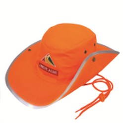 High vis cowboy hat, fabric 100% polyester, reflective binding on the rim, sides clip with press studs, cord with toggle fastener