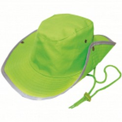 High vis cowboy hat, fabric 100% polyester, reflective binding on the rim, sides clip with press studs, cord with toggle fastener