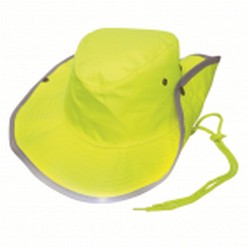 High vis cowboy hat, fabric 100% polyester, reflective binding on the rim, sides clip with press studs, cord with toggle fastener