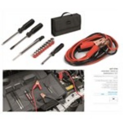 folding bag  29 ( l ) x 15.4 ( w ) x 7 ( h ) 600D, 1 x 50A 12V booster cable 220 ( l ), assorted sockets, 1 x tyre pressure gauge, 1 x phillips screwdriver, 1 x flat head screwdriver ? 1 x handle