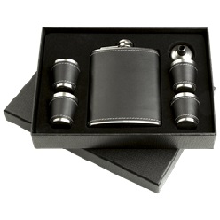 Stainless steel Hip Flask with black PU cover with white stitching, consists of 265ml flask, 4 stainless steel shot glasses and funnel in a black gift box