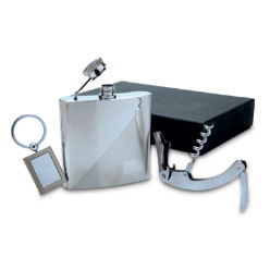 Hip Flask Set Stainless Steel - (Keyring, Wine Opener & Hip Flask) - Presentation Box