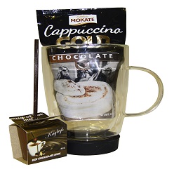 Hot choc in a cup includes hot choc stick, cappuccino sachet all in a large glass cup