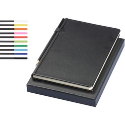 A5 journal with Pu cover, 160 cream coloured lined pages, thread sewn binding with elastic on spine, includes a pencil in a choice of colours, packaged in a black gift box