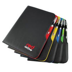 Leatherette material, folder has place for business card/ name cards, pen holder and note/documents placeholder